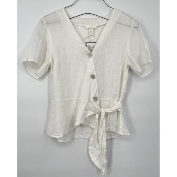 H&M White 100% Linen‎ Lin Side Button Tie Around Blouse Size XSmall - Picture 1 of 6